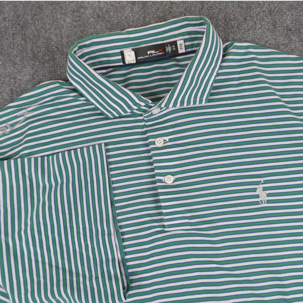 RLX Ralph Lauren Polo Shirt Mens XL Green Blue Striped Short Sleeve Golf Top